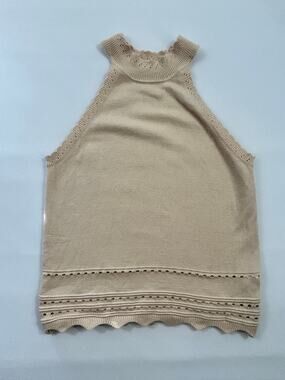 Women's Beige Knit Halter Top Sz Med- Mock Neck Scalloped Eyelet Hem Sleeveless